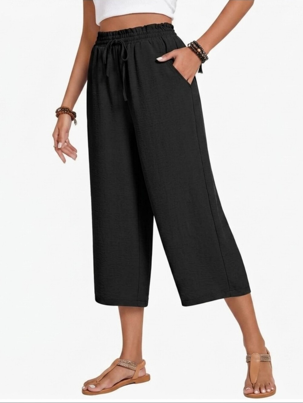 Anyhold Women's Black Wide Leg Drawstring Lounge Capri Pants NWT Size 2XL